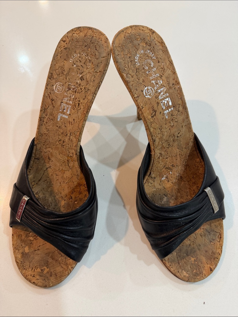 CHANEL Black Leather Cork Slide Mules vintage Y2K đź‘ - Picture 16 of 16
